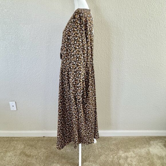 Bloomchic Prairie Dress Sz 22-24 Brown Floral Flutter Long Sleeve Ruffle Hem - Picture 8 of 14